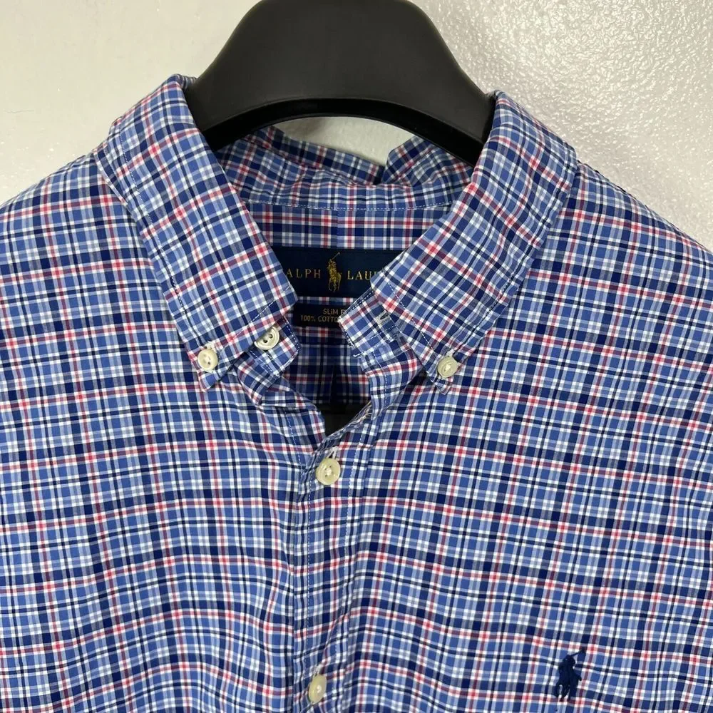 Ralph Lauren Slim Fit Shirt Mens XL Cotton Stretch Blue Red Check Plaid ‎ Pony
